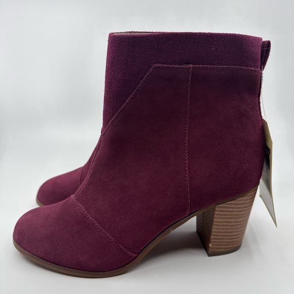 TOMS Lunata Suede Ankle Boots Women's US 8.5 Burgundy Block Stack Heel Zipper - Picture 1 of 8